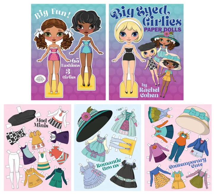 Preview of Big Eyed Girlies paper doll book with big-eyed dolls and lots of different outfits