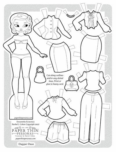 Asian printable paper doll coloring page titled “Dapper Daze” featuring an elegant Asian female character with 1950s-style hair. The set includes mix-and-match vintage-inspired outfits: two fitted skirts, high-waisted pants, three blouses with puffed sleeves and collars, a jacket, two retro handbags, and a pearl necklace. Designed by Rachel L. Cohen for Paper Thin Personas.