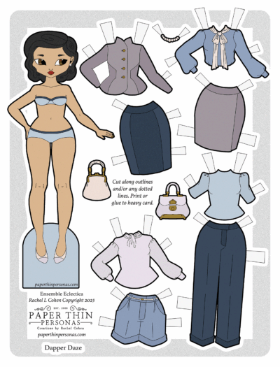 Asian printable paper doll titled “Dapper Daze” featuring an elegant Asian female character with 1950s-style dark hair and bright red lip-stick. The set includes mix-and-match vintage-inspired outfits: two fitted skirts, high-waisted pants, three blouses with puffed sleeves and collars, a jacket, two retro handbags, and a pearl necklace. Designed by Rachel L. Cohen for Paper Thin Personas.