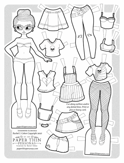 Black paper doll coloring page featuring a girl with natural hair in a bun and glasses, wearing a bra and underwear. Includes a variety of mix-and-match outfits to color, such as pleated skirts, ripped jeans, crop tops with skull and heart designs, fishnet tights, and platform shoes. Printable fashion paper doll from the Ensemble Eclectica collection by Rachel L. Cohen, perfect for kids, crafters, and paper doll enthusiasts.