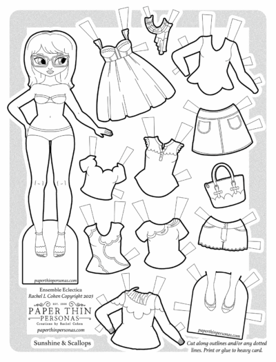 Printable paper doll coloring page featuring a stylish Latina girl with glasses and a mix-and-match wardrobe. Includes dresses, tops, skirts, shoes, and accessories with fun scallop details—all in black and white, ready to be colored. A creative and customizable activity from the "Ensemble Eclectica" series from Paper Thin Personas by Rachel Cohen, perfect for kids, crafters, and paper doll fans.