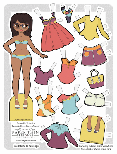 Colorful printable paper doll featuring a stylish Latina girl with glasses and a vibrant pastel wardrobe. Includes mix-and-match scallop-trimmed dresses, tops, skirts, and accessories in sunny shades of coral, yellow, aqua, and purple. Part of the "Ensemble Eclectica" series from Paper Thin Personas by Rachel Cohen—perfect for creative play, DIY crafts, and paper doll collectors.