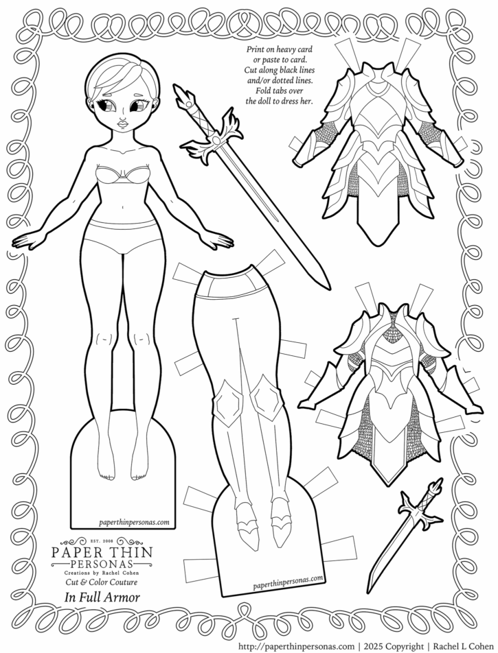 Printable lady knight paper craft to cut and color includes detailed medieval armor, sword, and dagger. She has short hair. Great for creative play or homeschool activities.