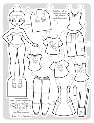 Printable hiking paper doll coloring page featuring a stylish outdoorsy wardrobe. Includes floral t-shirts, jogger pants, cargo shorts, a casual dress, and accessories like a water bottle and crossbody bag. Perfect for hiking lovers, craft fans, and anyone who enjoys coloring and cutting out paper dolls. Download this printable hiking paper doll for a fun summer activity or to add to your paper doll collection.