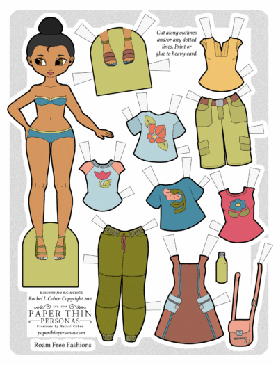 Printable hiking paper doll featuring a stylish outdoor wardrobe in fun summer colors. Includes floral t-shirts, jogger pants, cargo shorts, a casual dress, and accessories like a water bottle and crossbody bag. Perfect for hiking lovers, craft enthusiasts, and paper doll collectors. Download this printable hiking paper doll for a fun summer activity or to add to your paper doll collection.