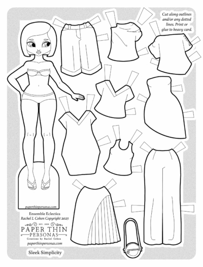 Download and color this stylish printable paper doll coloring page with mix-and-match minimalist outfits. Inspired by Summer 2025 fashion trends, this set features Bermuda shorts, pleated skirts, and elegant draped tops—perfect for fashion lovers and paper doll fans.