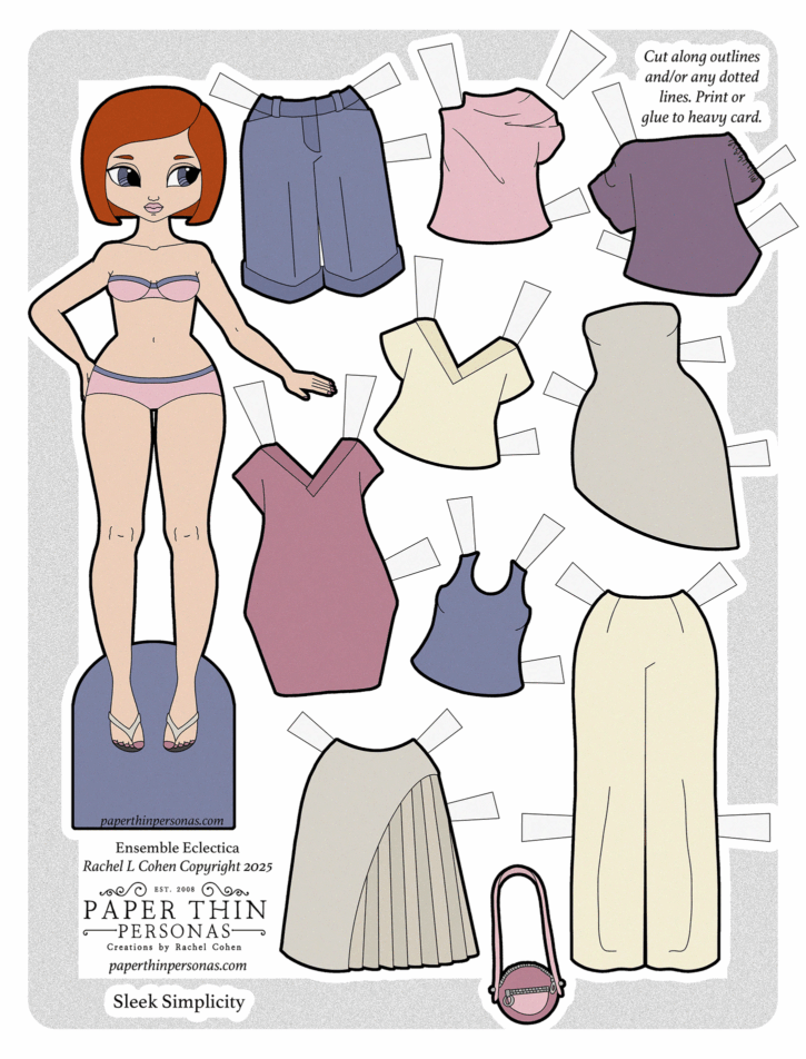 Printable minimalist fashion paper doll with chic minimalist outfits! Mix and match Bermuda shorts, skirts, wide-leg pants, dresses, and tops in a sleek Summer 2025 style. Perfect for paper doll collectors and DIY craft lovers.