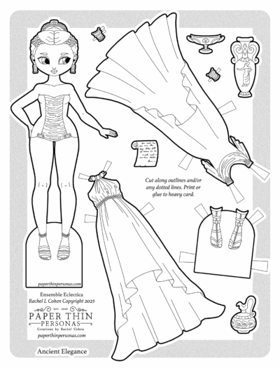 A printable paper doll coloring sheet titled "Ancient Elegance" from the Ensemble Eclectica series by Paper Thin Personas. The central doll has braided styled with a headpiece and bold earrings. She wears a strapless bodysuit and sandals. Surrounding her are two Ancient Greek toga-inspired gowns. Additional accessories include strappy sandals, gold and blue jewelry, a scroll, and Greek-style decorative vases and pitchers. The sheet is designed with cut-out tabs for dressing the doll.