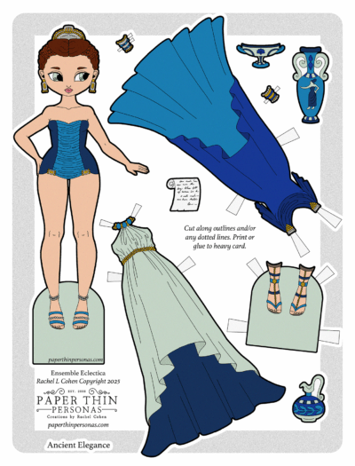 A printable paper doll sheet titled "Ancient Elegance" from the Ensemble Eclectica series by Paper Thin Personas. The central doll has light skin, pale green eyes, and braided red-brown hair styled with a gold headpiece. She wears a blue strapless bodysuit with gold details and blue sandals. Surrounding her are Ancient Greek toga-inspired gowns, including a flowing deep blue mermaid-style dress and a pale green and navy layered gown with a gold belt. Additional accessories include strappy sandals, gold and blue jewelry, a scroll, and Greek-style decorative vases and pitchers. The sheet is designed with cut-out tabs for dressing the doll.