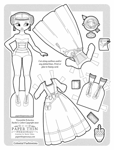 A paper doll coloring page with braided hair, wearing corsets and bodices. The set includes two gowns, a pair of boots, an armillary sphere, books, and notepaper.