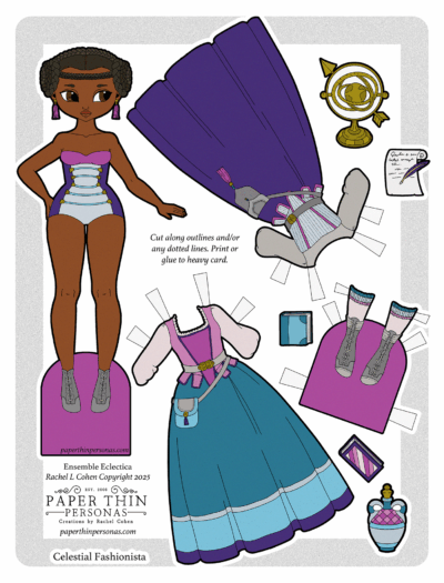 A red-brown skinned paper doll with braided hair, wearing corsets and bodices. The set includes two gowns, a pair of boots, an armillary sphere, books, and notepaper.