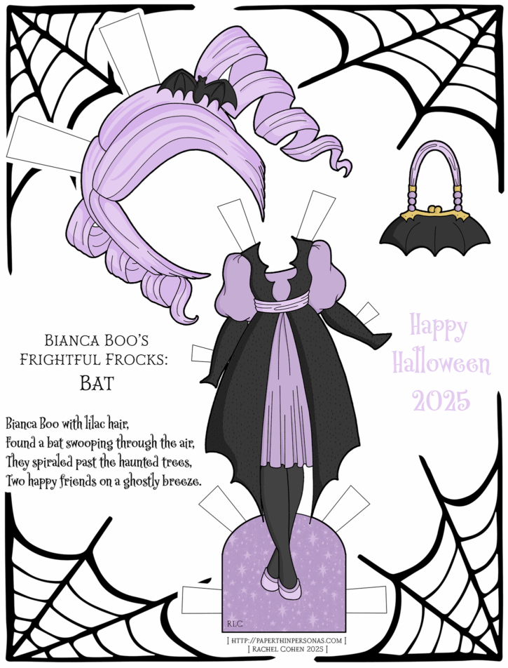 A printable halloween paper doll dress with a bat theme in lilac and black from paperthinpersonas.com