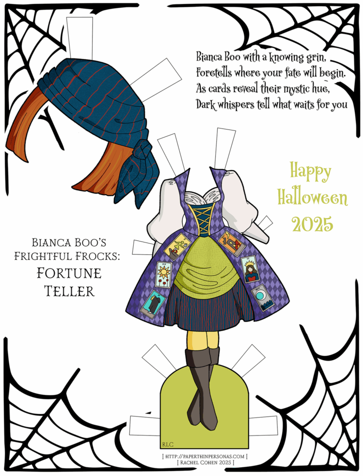 Printable Halloween paper doll outfit titled Bianca Boo’s Frightful Frocks: Fortune Teller, featuring a purple and green tarot card–themed dress with a headscarf and boots, framed by spiderwebs with Halloween poem text and ‘Happy Halloween 2025.’ Created by Rachel Cohen.