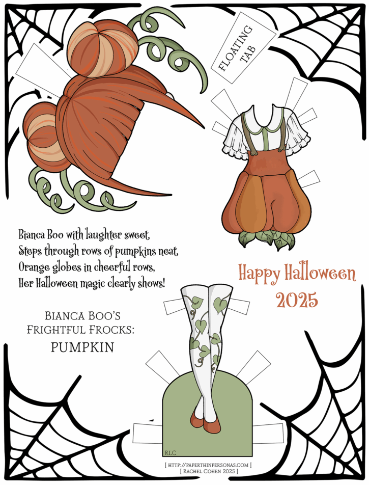 A printable paper doll for Halloween themed around pumpkins with a wig and stockings.