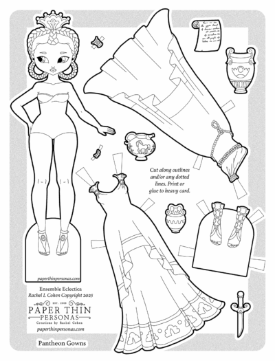 Digital paper doll download with braided hair and two elegant ancient Greek–inspired gowns, plus matching accessories. A fun, artful printable from Paper Thin Personas. Perfect for fans of historical or fantasy paper dolls.