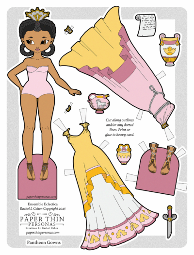 Digital paper doll download with braided hair and two elegant ancient Greek–inspired gowns, plus matching accessories. A yellow and pink color scheme. A fun, artful download from Paper Thin Personas. Perfect for fans of historical or fantasy paper dolls.