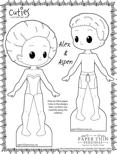 Line-art kid-friendly paper dolls Alex and Aspen with simple bodies, ready to color and cut out.