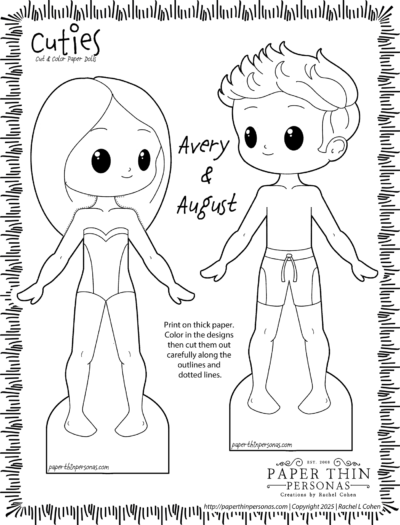 Kid-friendly paper doll printable with simple line art named Avery and August, ready to color and print out. 