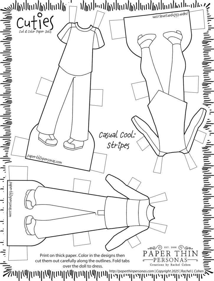 Printable paper doll winter clothing coloring page with casual striped outfits, pants, and sneakers from Paper Thin Personas. Meant to be easy to cut and color for kids. Great indoor play activity. 