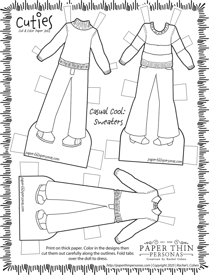 Paper doll winter clothing coloring activity with sweaters outfits and sneakers or boots. Designed to be easy to cut and color for children. Hand-drawn paper doll clothing. 