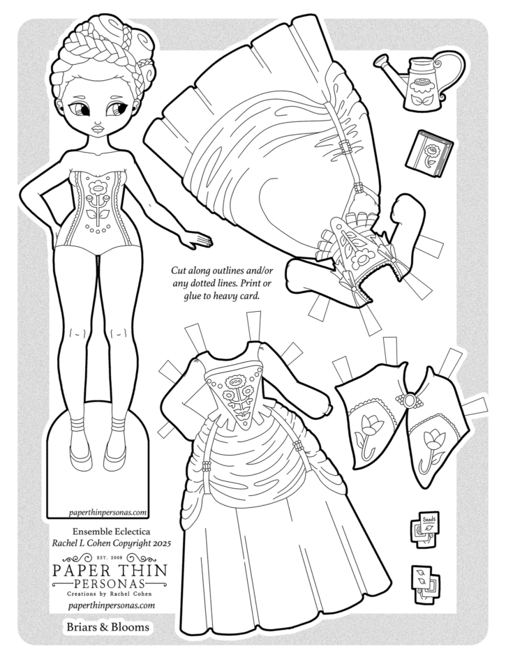 Black and white 18th-century inspired paper doll download designed for coloring, with whimsical fantasy charm, interchangeable summer dresses, and floral accessories. Perfect for creative play and imaginative crafting. Titled Briars & Blooms: Ensemble Eclectica collection.