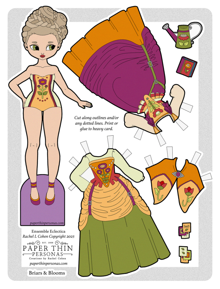 An 18th-century inspired paper doll download featuring an original illustrated female doll with interchangeable historical-inspired dresses, floral corsetry, layered skirts, accessories, and gardening motifs from the Briars & Blooms Ensemble Eclectica collection.