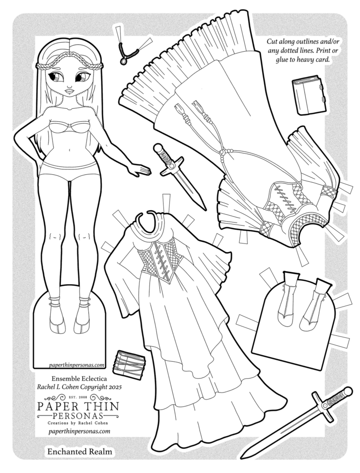 This printable paper doll coloring page has a cartoon-style girl with long hair. Around her are several fantasy-themed dresses and accessories, each with tabs for attaching to the doll. Her accessories are two books and two swords. The sheet includes cutting instructions. 