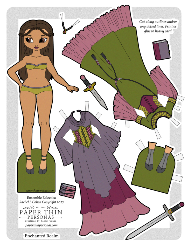 This printable paper doll has a cartoon-style girl with long brown hair and tan skin. Around her are several fantasy-themed dresses and accessories, each with tabs for attaching to the doll. There is a long green gown over a pink ruffle, a purple and pink layered dress with a corset-style bodice, a necklace, a pair of boot. Her accessories are two books and two swords. The sheet includes cutting instructions. 
