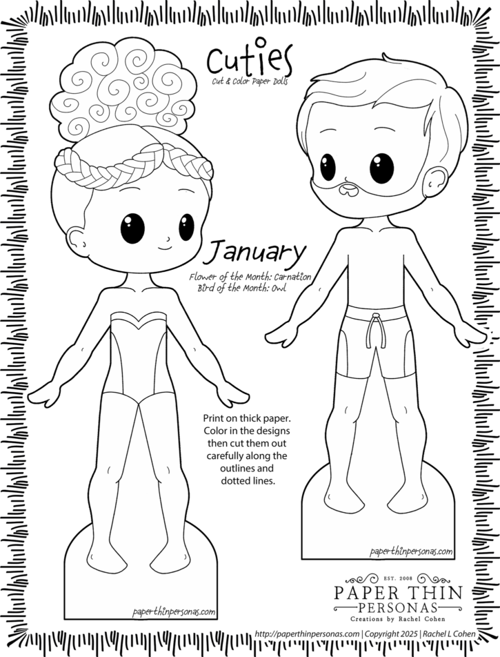 January coloring activities for kids with two paper dolls (a boy and a girl). The girl has braided hair in an updo and the boy has a beard. 
