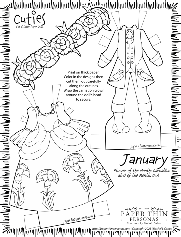 January coloring activities for kids featuring a printable carnation and owl inspired set of outfits. There is a ball gown and a men's suit. 