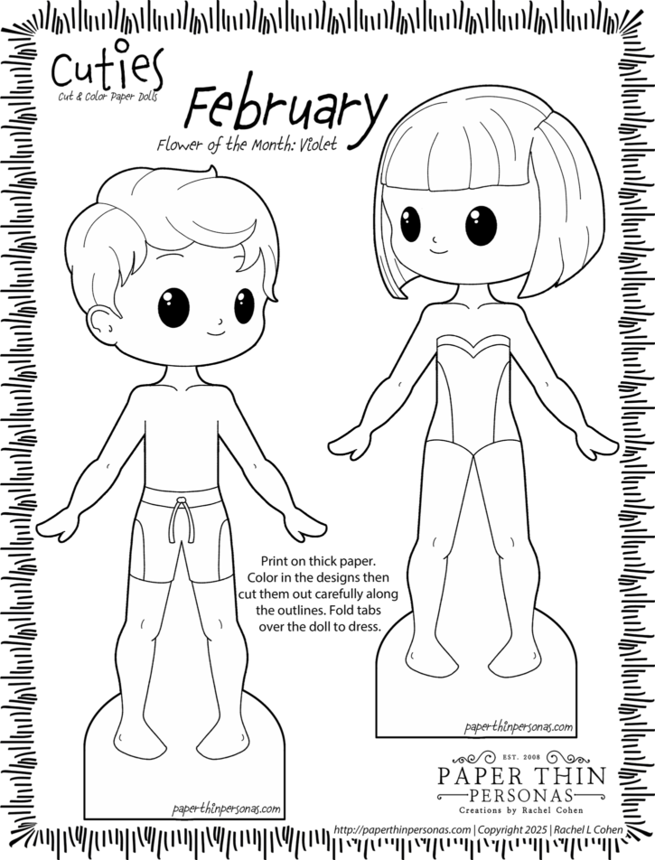 February coloring activities for kids with two paper dolls (a boy and a girl). The girl has a bobbed haircut and bangs. The boy has a side part. 