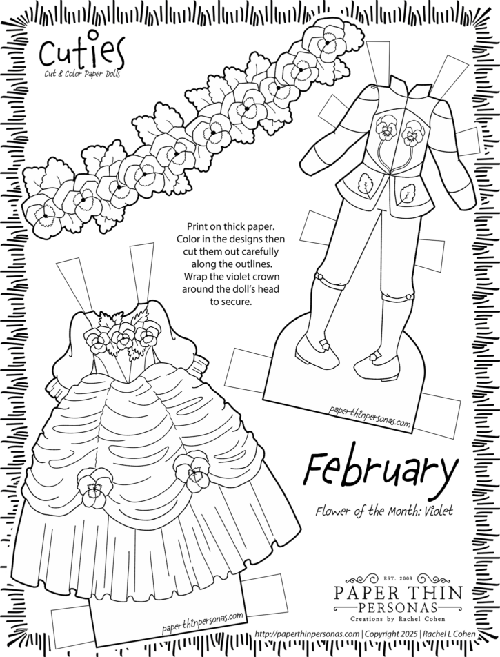 February coloring activities for kids featuring a printable violet inspired set of fantasy outfits. There is a ball gown and a men's suit. 