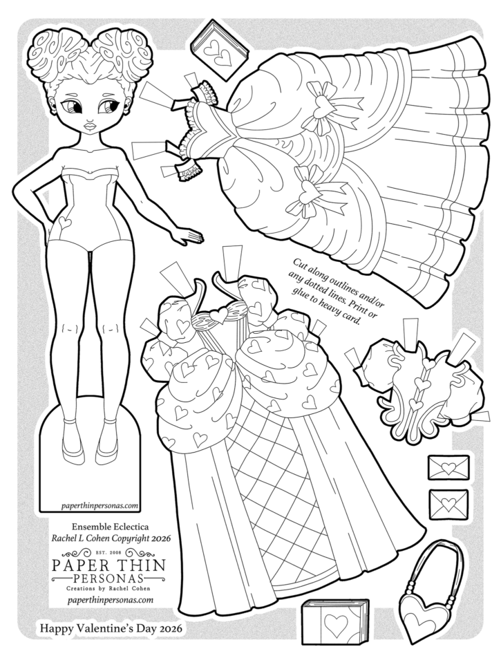 Valentine’s Day paper doll printable coloring sheet featuring an artist-created paper doll and her fantasy gowns. This free printable paper doll includes a romantic ball gown, puff-sleeve dress, heart purse, book, and Valentine envelopes, designed for cutting and assembling at home. Perfect for Valentine’s Day crafts, coloring, and imaginative play.