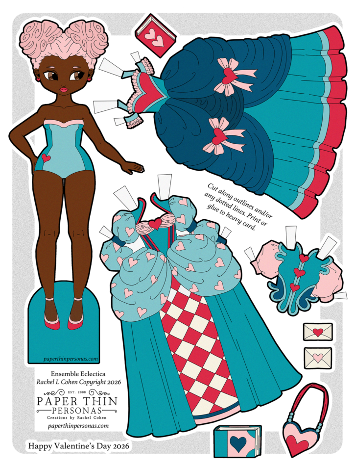 Valentine’s Day paper doll printable featuring an artist-created fashion doll with dark skin and pink double buns, wearing a turquoise bodysuit and surrounded by heart-themed dresses and accessories in teal, pink, and red. This free printable paper doll includes a romantic ball gown, puff-sleeve dress, heart purse, books, and Valentine envelopes, designed for cutting and assembling at home. Perfect for Valentine’s Day crafts, coloring, and imaginative play.
