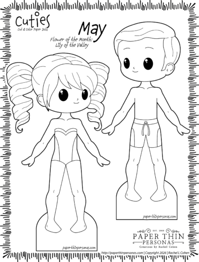 Cuties Cut and Color Paper Dolls – May edition May birth flower coloring page featuring two hand-drawn paper doll figures to color and cut out, a girl with curly pigtails and a boy in swim trunks, themed around the May birth flower Lily of the Valley, hand-drawn by artist Rachel Cohen of Paper Thin Personas