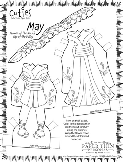 Cuties Cut and Color Paper Dolls – May birth flower coloring page featuring two hand-drawn paper doll outfits decorated with Lily of the Valley flowers to color and cut out, including a fantasy-style tunic with sash and pants, a flowy kimono-style dress, and a Lily of the Valley flower crown headpiece, hand-drawn by artist Rachel Cohen of Paper Thin Personas.