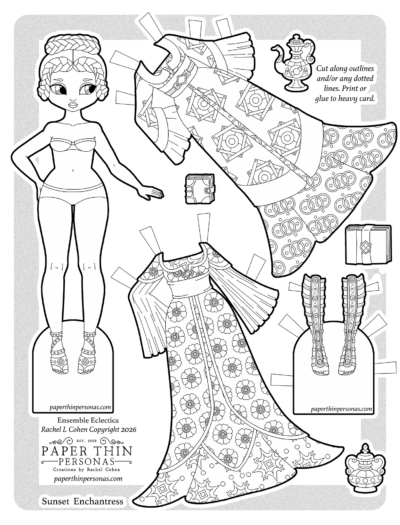 Printable black-and-white coloring page paper doll sheet titled "Sunset Enchantress" from the Ensemble Eclectica series by Rachel L Cohen at Paper Thin Personas. Features a paper doll with braided hair in a bun and a bikini-style base outfit, alongside two intricately patterned fantasy gowns with wide flared sleeves — one with geometric tile designs and one with floral medallions. Accessories include knee-high gladiator sandals, two decorative books, and two ornate teapots. Printable PDF coloring page download at paperthinpersonas.com. Copyright Rachel L Cohen 2026.