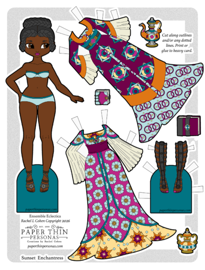 Printable paper doll sheet titled "Sunset Enchantress" from the Ensemble Eclectica series by Rachel L Cohen at Paper Thin Personas. Features a medium-brown-skinned paper doll with braided hair in a bun, wearing a teal bikini-style base outfit and gladiator sandals, alongside two ornate fantasy gowns: one in deep purple and orange with geometric tile patterns and fringe sleeves, and one in magenta and yellow with floral medallions and fringe sleeves. Accessories include knee-high gladiator sandals, two decorative spellbooks, and two ornate teapots. Free printable color PDF download at paperthinpersonas.com. Copyright Rachel L Cohen 2026.