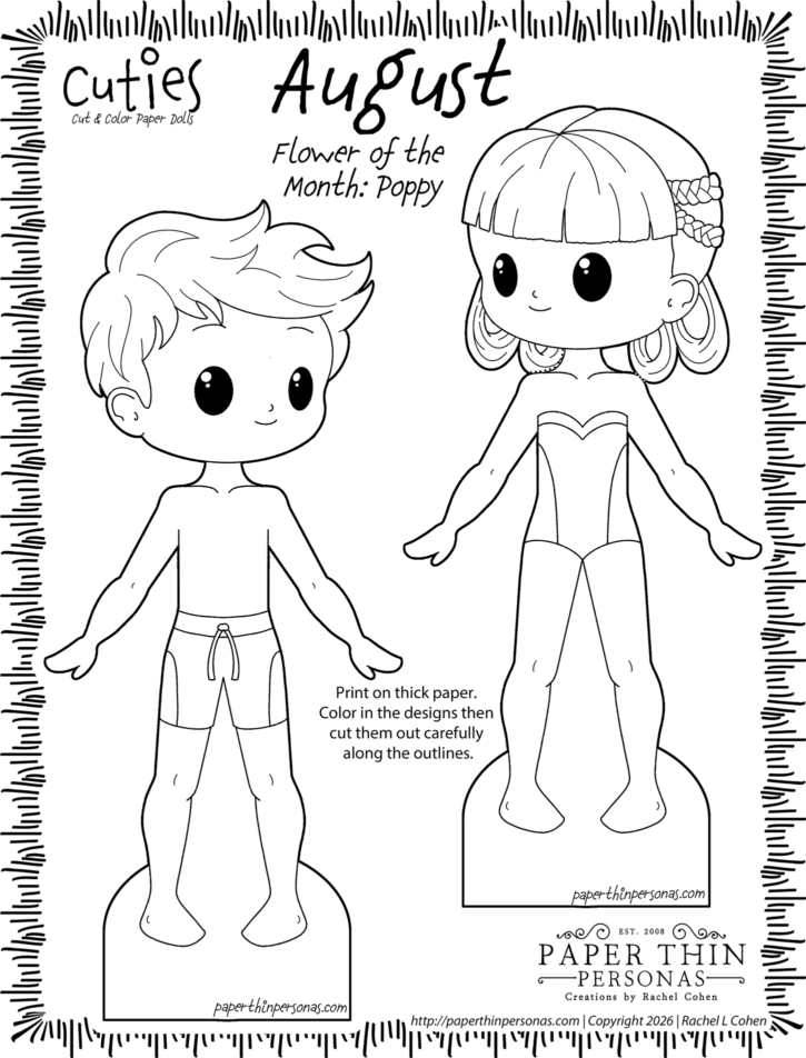 Printable black and white boy and girl paper doll coloring page titled 'Cuties'. The doll on the left has short hair and the doll on the right has braids and loops of hair. Dolls can are clothing. Instructions in the top corner explain to print on thick paper, color the designs, cut them out along the outlines, and wrap the poppy crown around the doll's head. Decorative border surrounds the page, with the Paper Thin Personas logo at the bottom. Artwork is by Rachel Cohen.