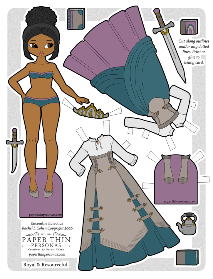 Printable paper doll sheet titled "Royal & Resourceful" from the Ensemble Eclectica series by Rachel L Cohen at Paper Thin Personas. Features a paper doll with dark curly hair in a high bun, wearing a teal and purple bikini-style base outfit and gray ballet flats, alongside two fantasy princess outfits: a dress with dramatic draping in teal and purple, and an outfit with a white blouse, and grey buckled overskirt. Accessories include a crown, a sword with a purple gem, a kettle, two books, a knife, and grey boots. Free printable color PDF download at paperthinpersonas.com. Copyright Rachel L Cohen 2026.