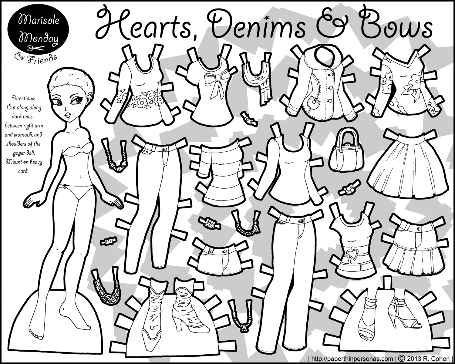 Hearts, Denims & Bows: Paper Doll Coloring Page.
