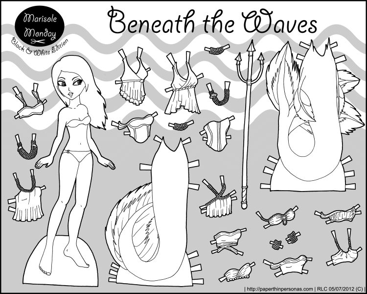 Mermaid Paper Doll in Black and White- Marisole Monday